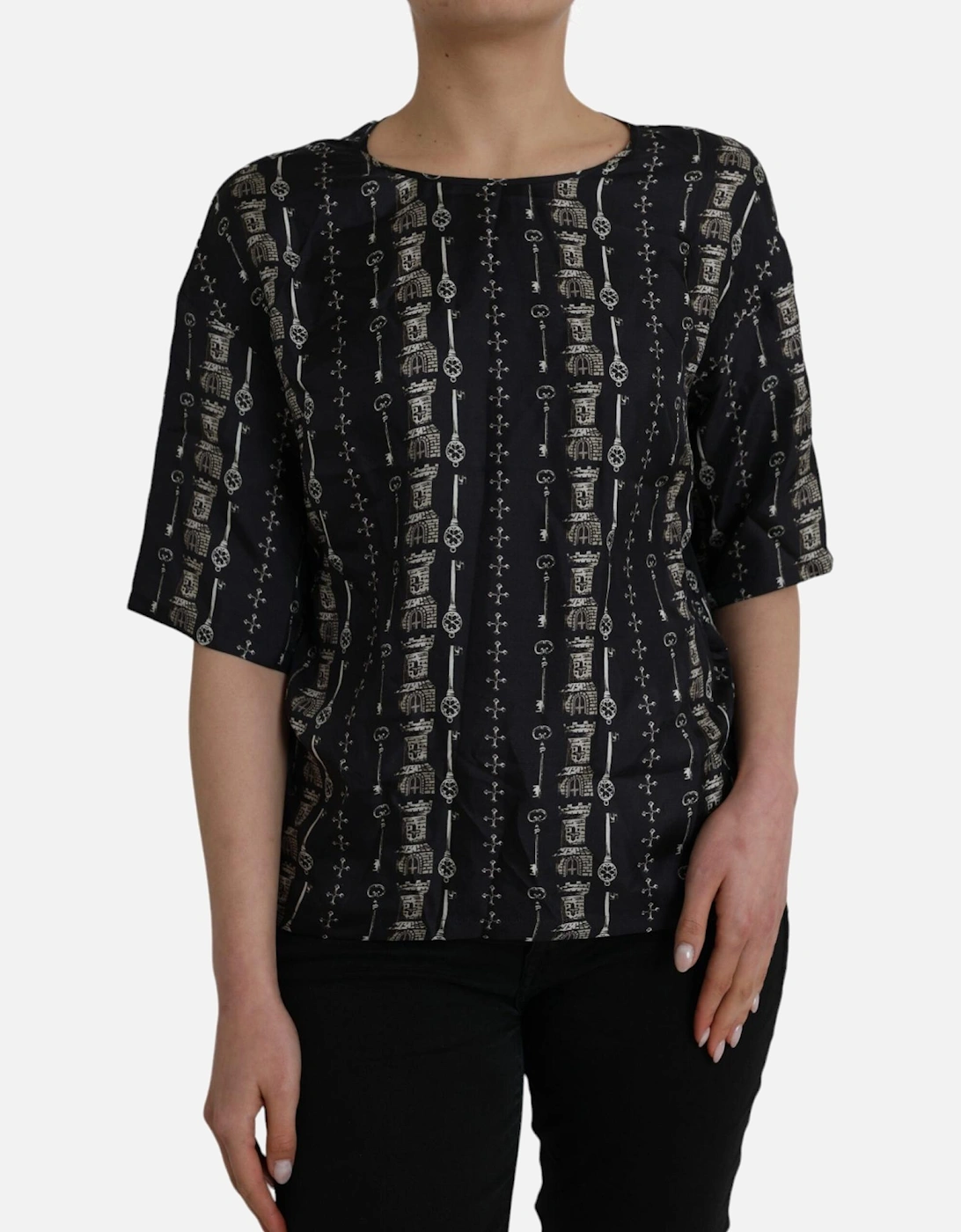 Medieval Key Print Silk Blouse Top Women - Black T-Shirts, 6 of 5