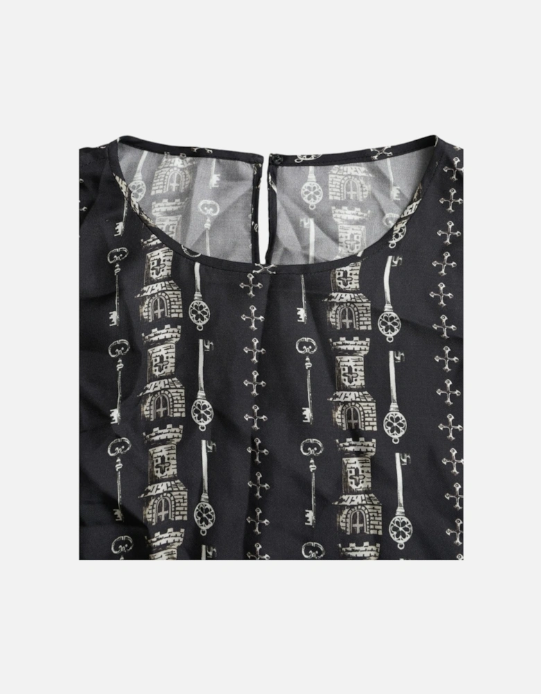 Medieval Key Print Silk Blouse Top Women - Black T-Shirts