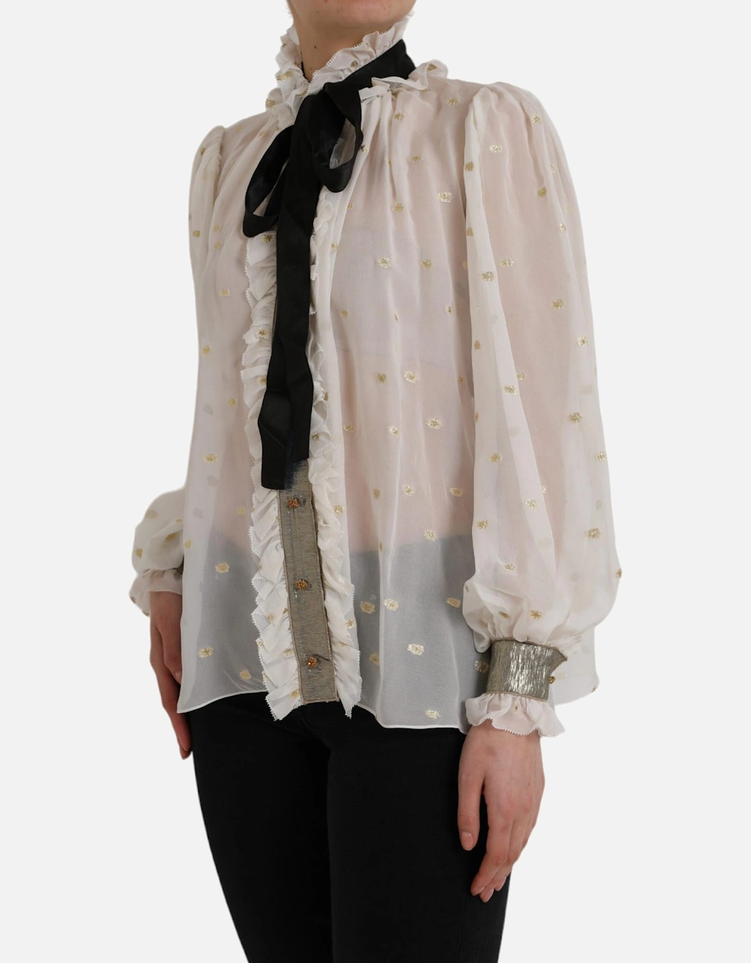 Ruffled Silk Blouse with Ascot Collar and Black Necktie Detail Women -