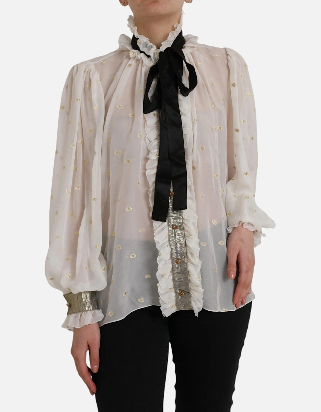 Ruffled Silk Blouse with Ascot Collar and Black Necktie Detail Women -, 7 of 6