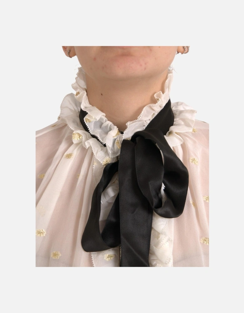 Ruffled Silk Blouse with Ascot Collar and Black Necktie Detail Women -