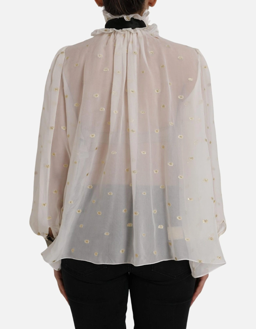 Ruffled Silk Blouse with Ascot Collar and Black Necktie Detail Women -