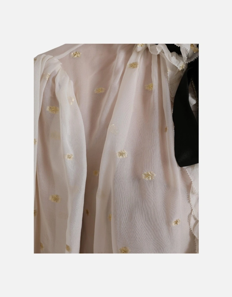 Ruffled Silk Blouse with Ascot Collar and Black Necktie Detail Women -