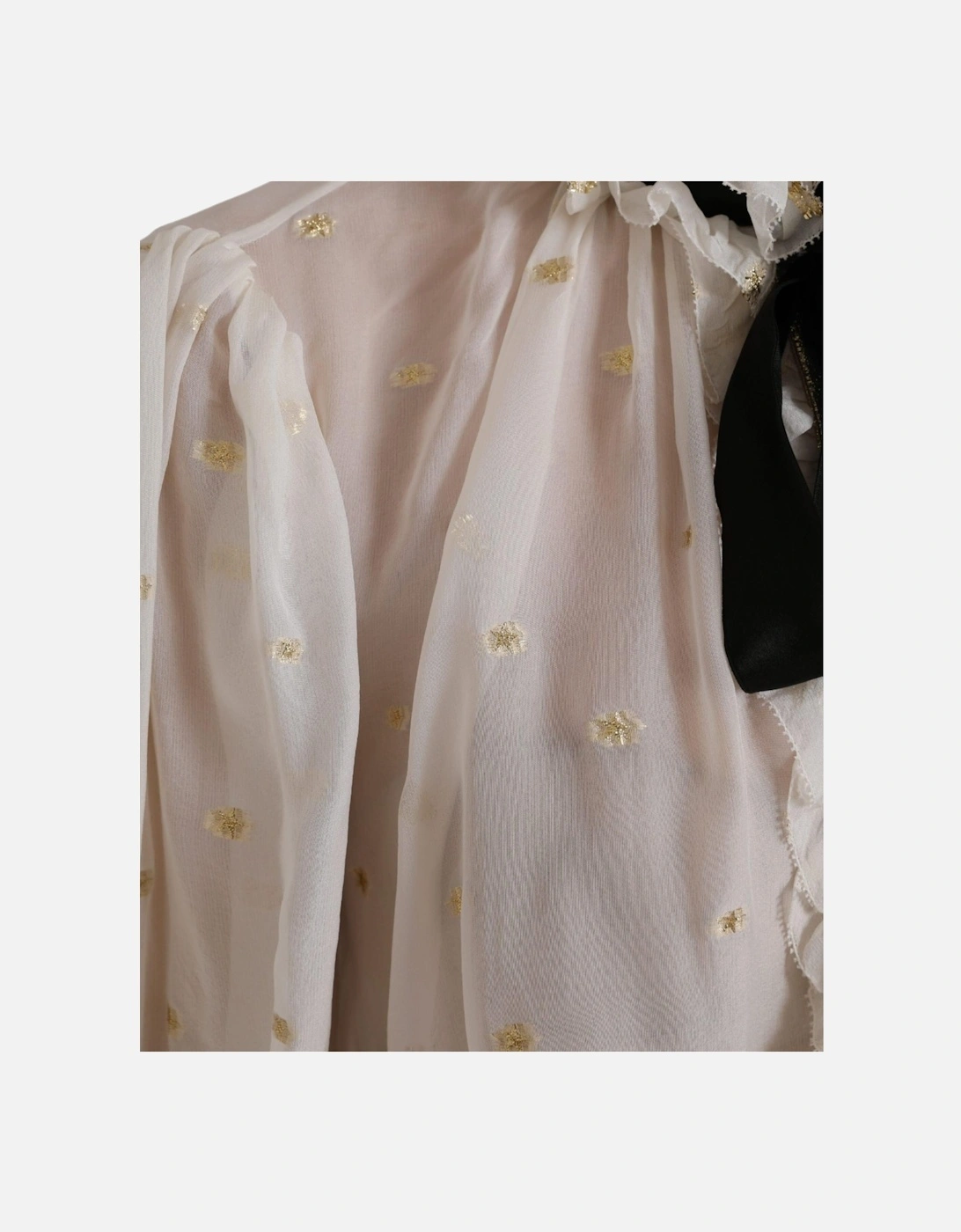 Ruffled Silk Blouse with Ascot Collar and Black Necktie Detail Women -