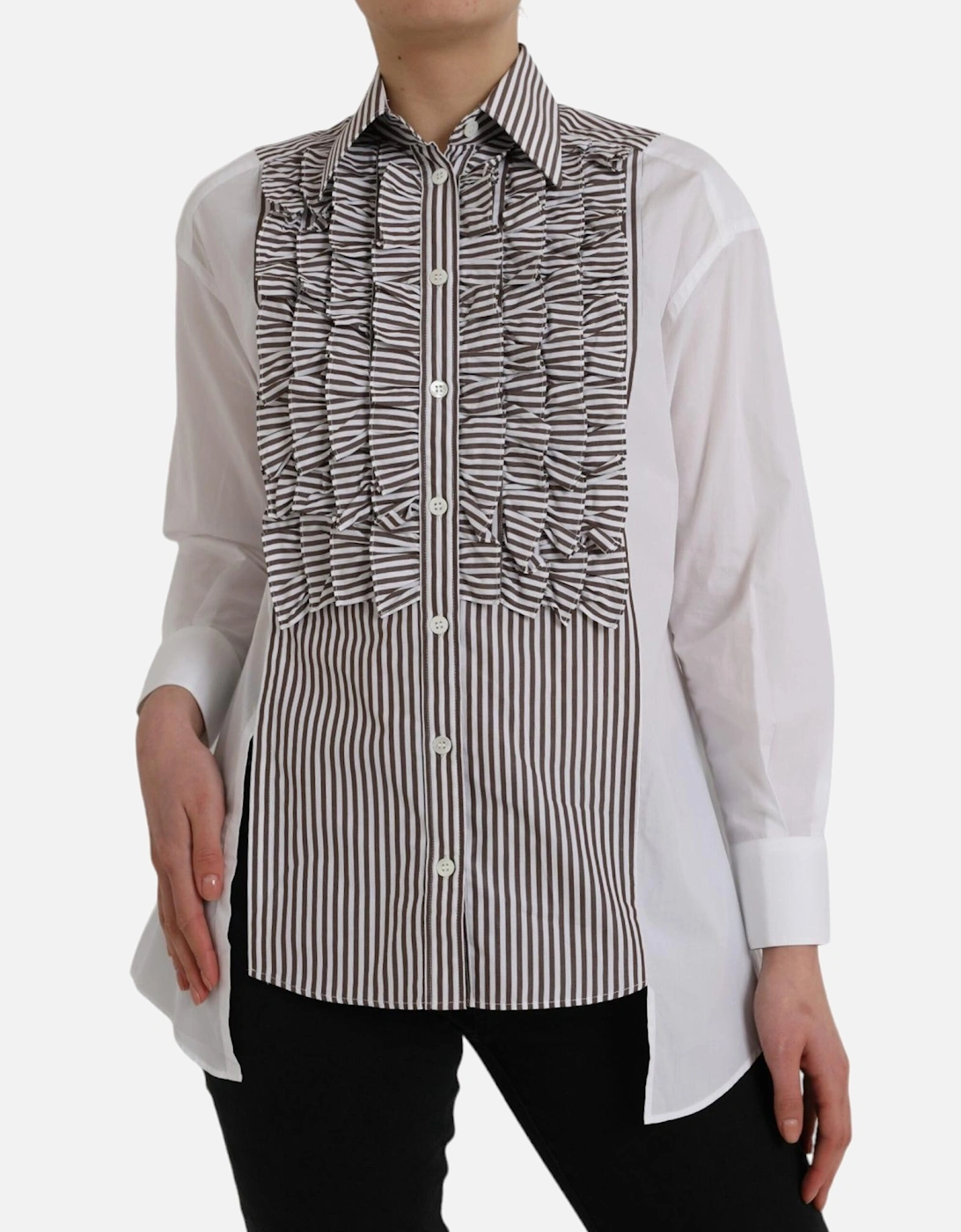 White Cotton Long Sleeve Polo Top with Button Closure and Logo Details, 6 of 5