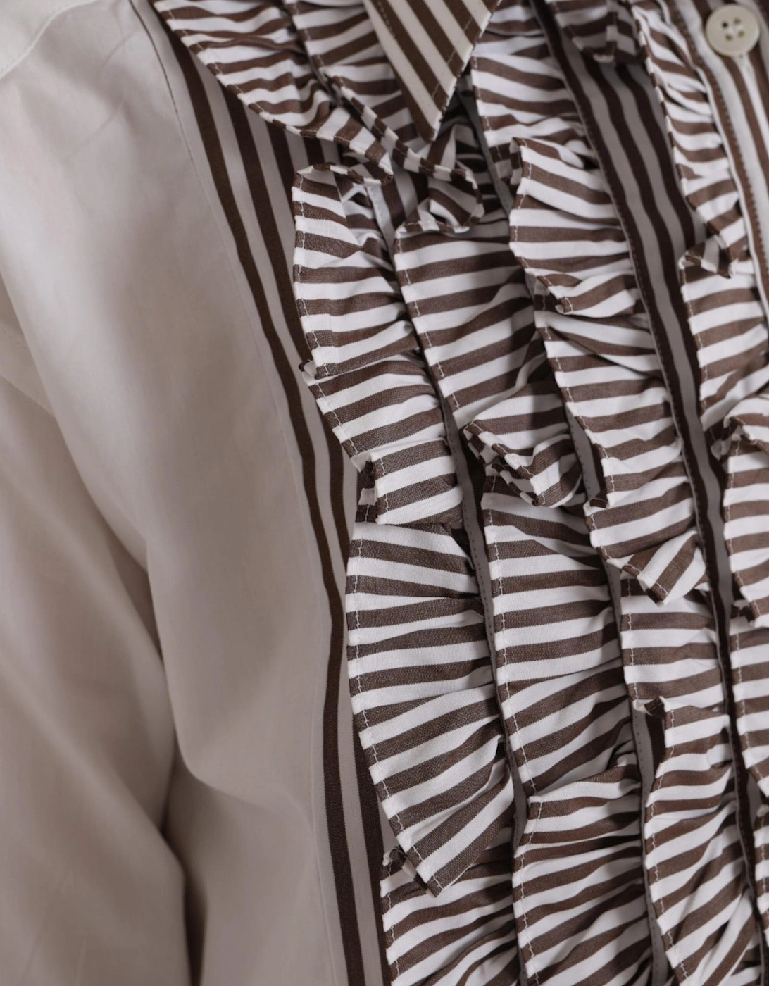 White Cotton Long Sleeve Polo Top with Button Closure and Logo Details
