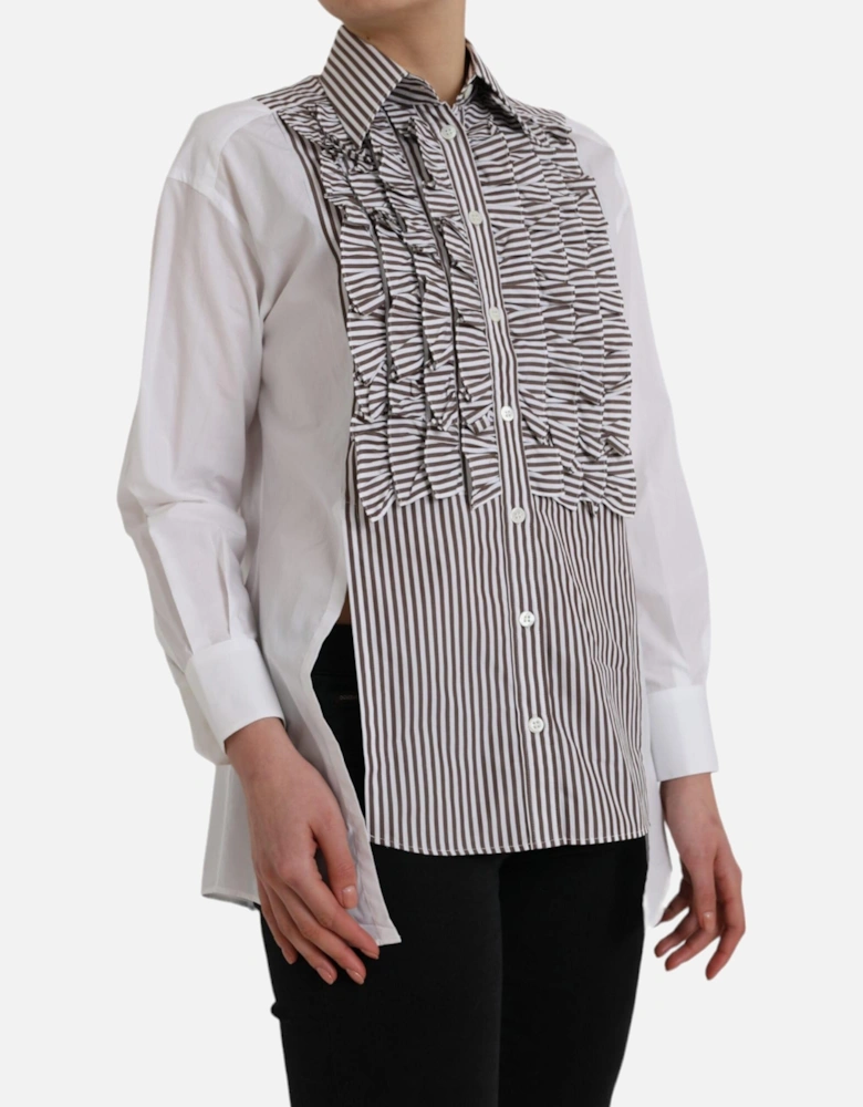 White Cotton Long Sleeve Polo Top with Button Closure and Logo Details