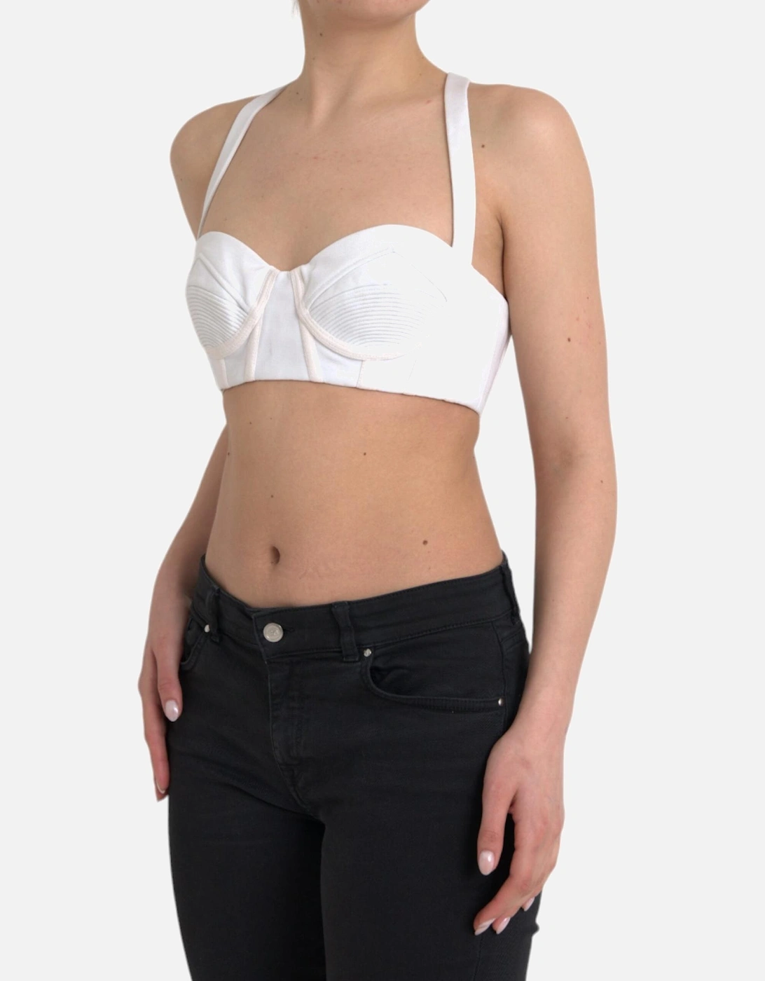 Gorgeous White Bustier Cropped Tank Top with Hook Closure and Logo