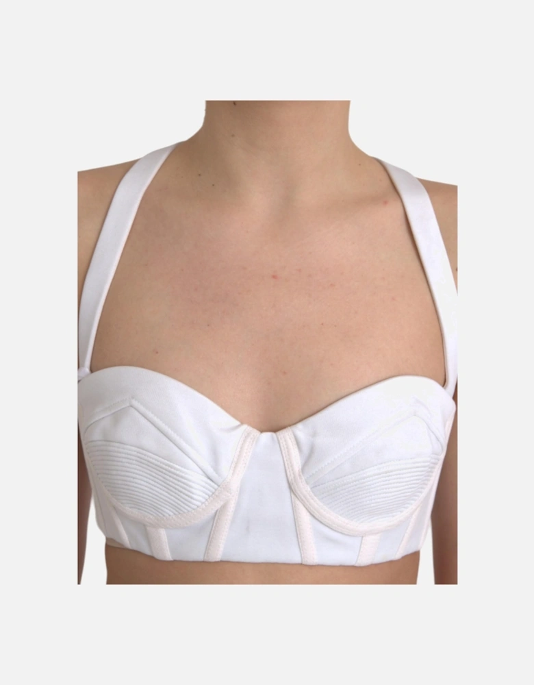 Gorgeous White Bustier Cropped Tank Top with Hook Closure and Logo