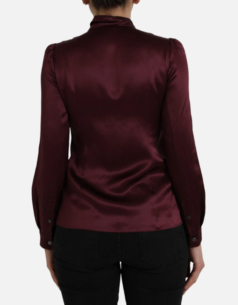 Silk Ascot Collar Blouse with Logo Details Women - Maroon T-Shirts