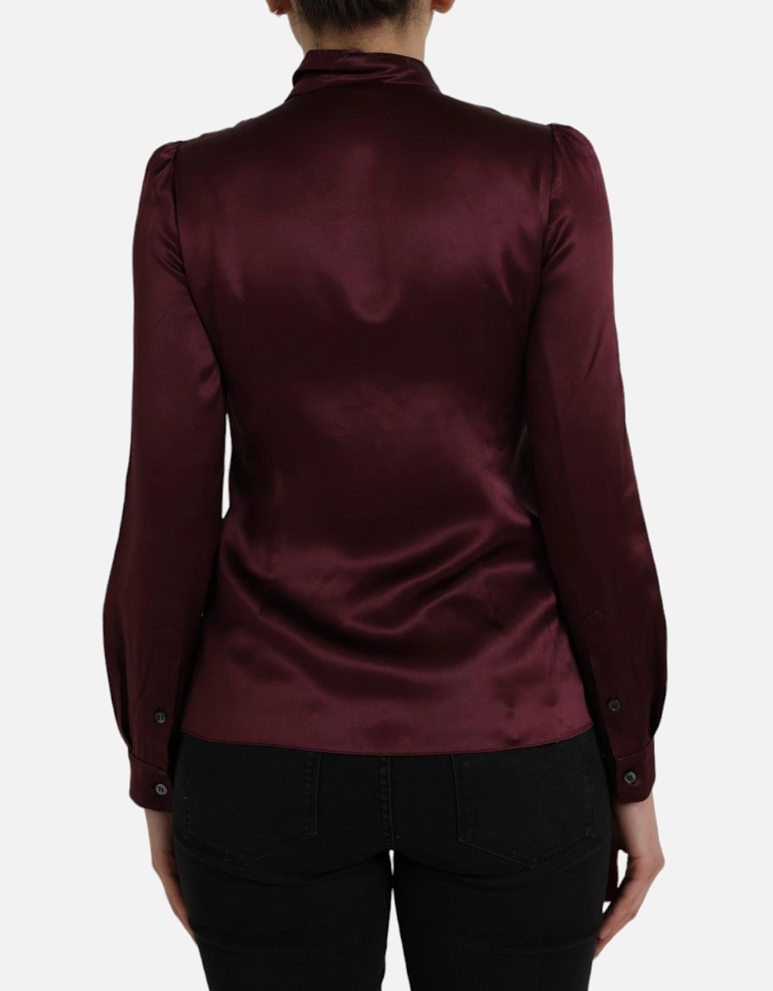 Silk Ascot Collar Blouse with Logo Details Women - Maroon T-Shirts
