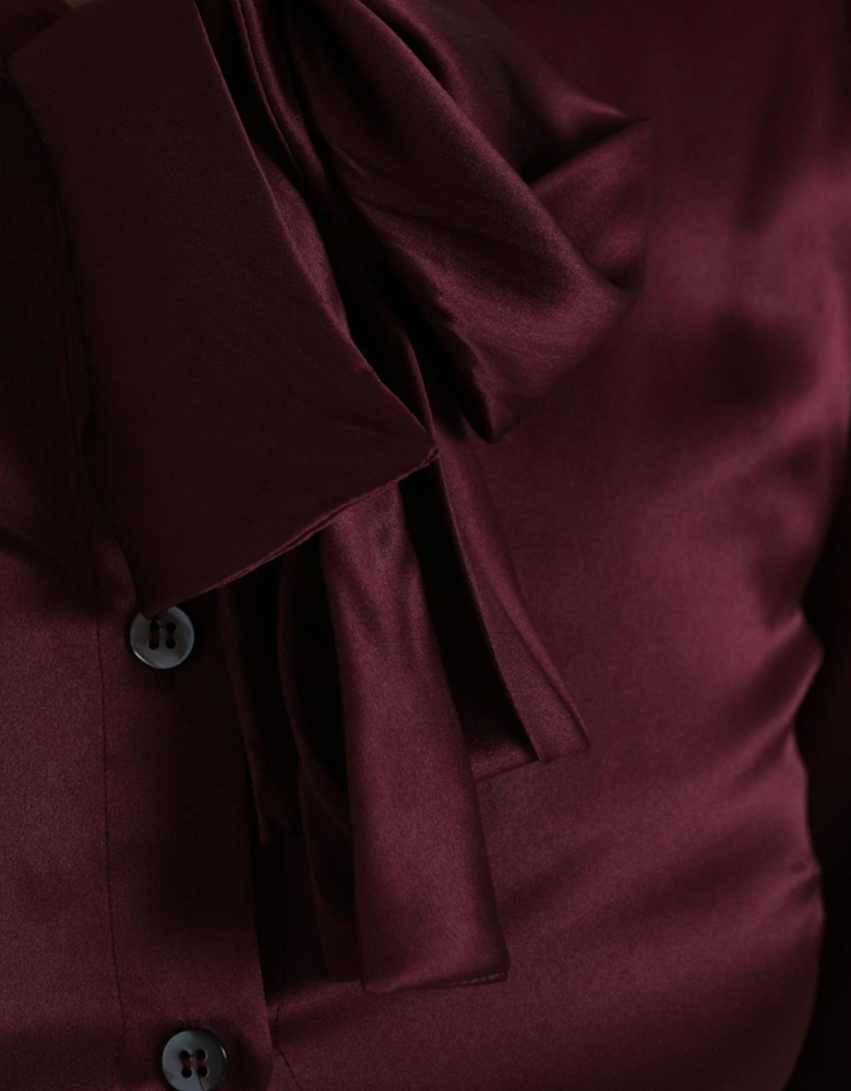 Silk Ascot Collar Blouse with Logo Details Women - Maroon T-Shirts
