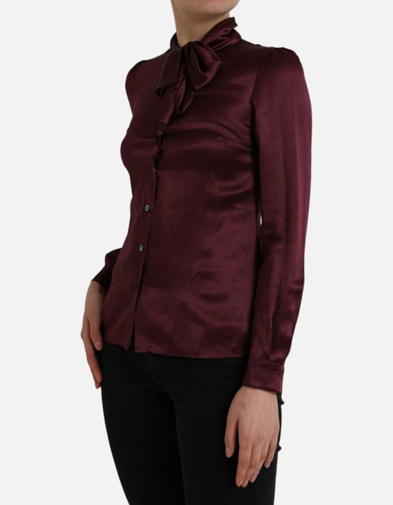 Silk Ascot Collar Blouse with Logo Details Women - Maroon T-Shirts