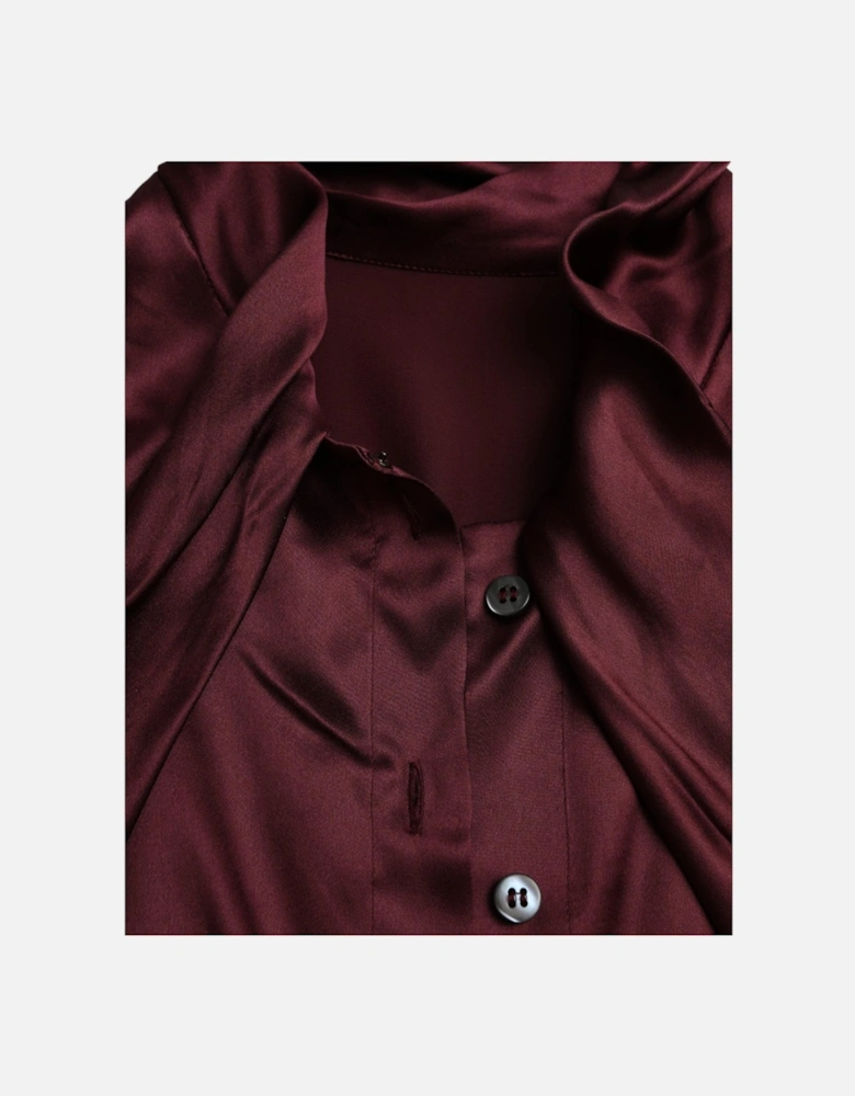 Silk Ascot Collar Blouse with Logo Details Women - Maroon T-Shirts