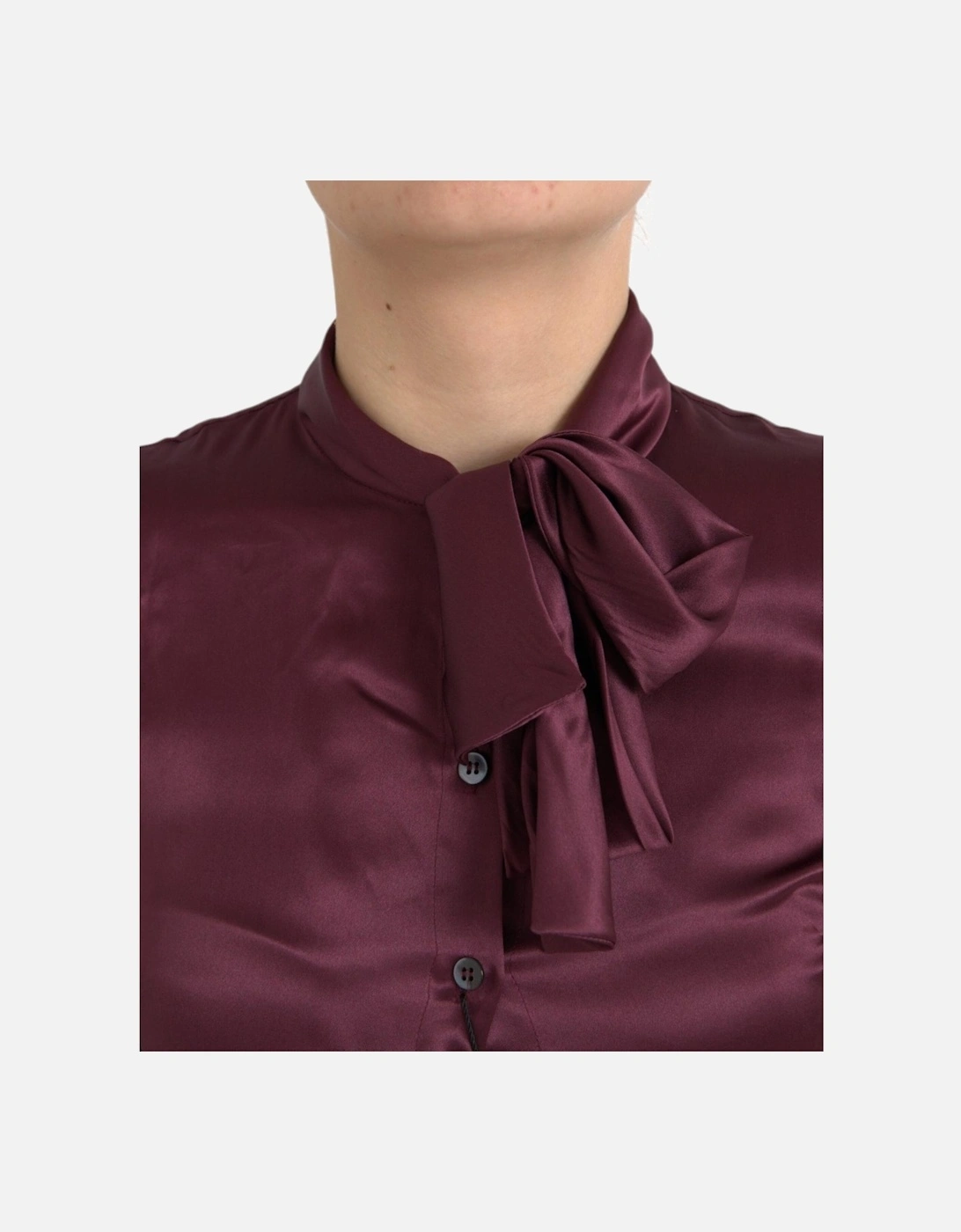 Silk Ascot Collar Blouse with Logo Details Women - Maroon T-Shirts