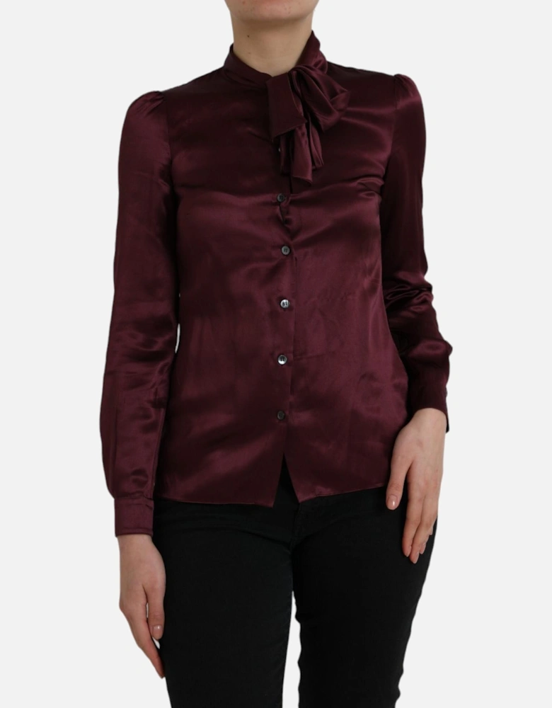 Silk Ascot Collar Blouse with Logo Details Women - Maroon T-Shirts