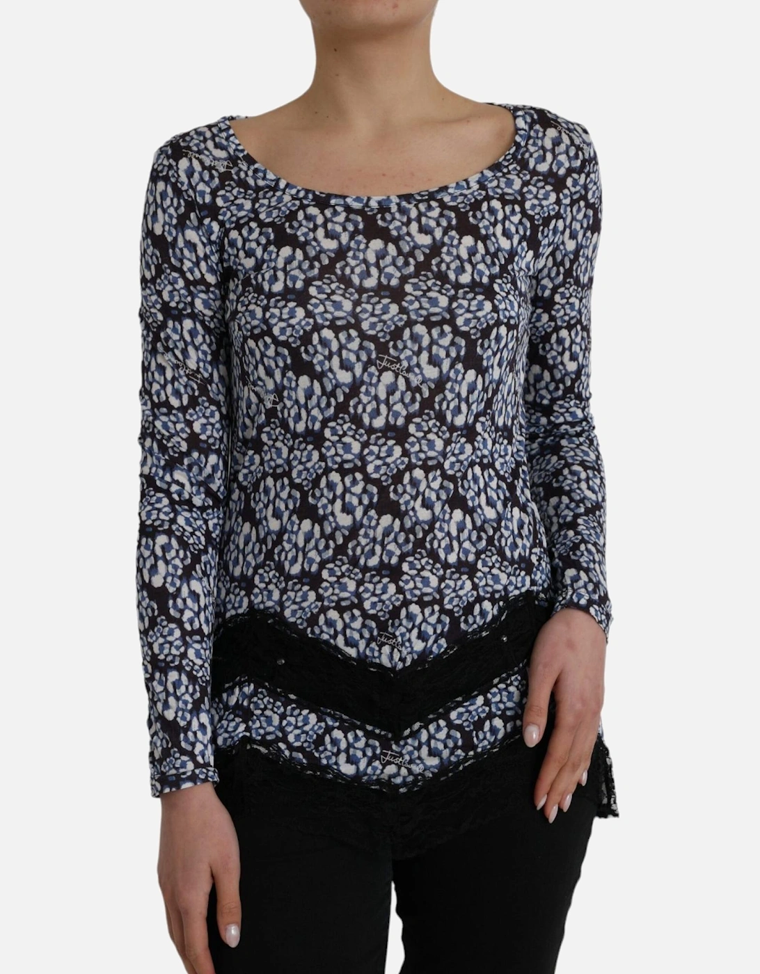 Just Cavalli Women's Blue Floral And Lace Long Sleeved Top - T-Shirts - : Size 10