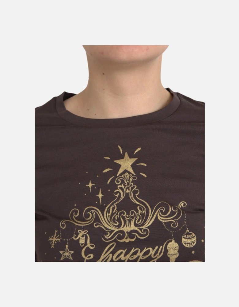 Graphic Print Crew Neck Cotton T-Shirt Women - Brown
