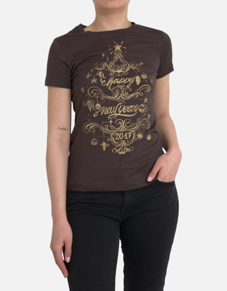Graphic Print Crew Neck Cotton T-Shirt Women - Brown