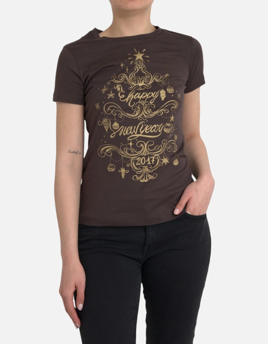 Graphic Print Crew Neck Cotton T-Shirt Women - Brown, 7 of 6
