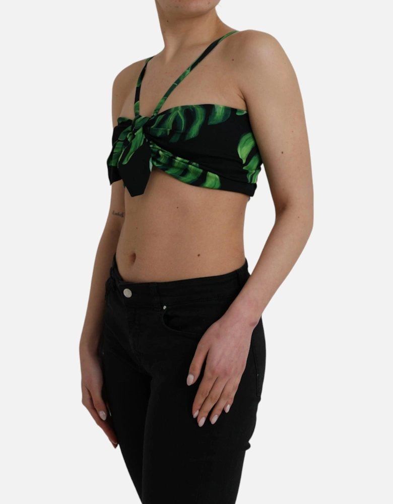 Halter Cropped Top with Leaf Print and Logo Details. Women - Black