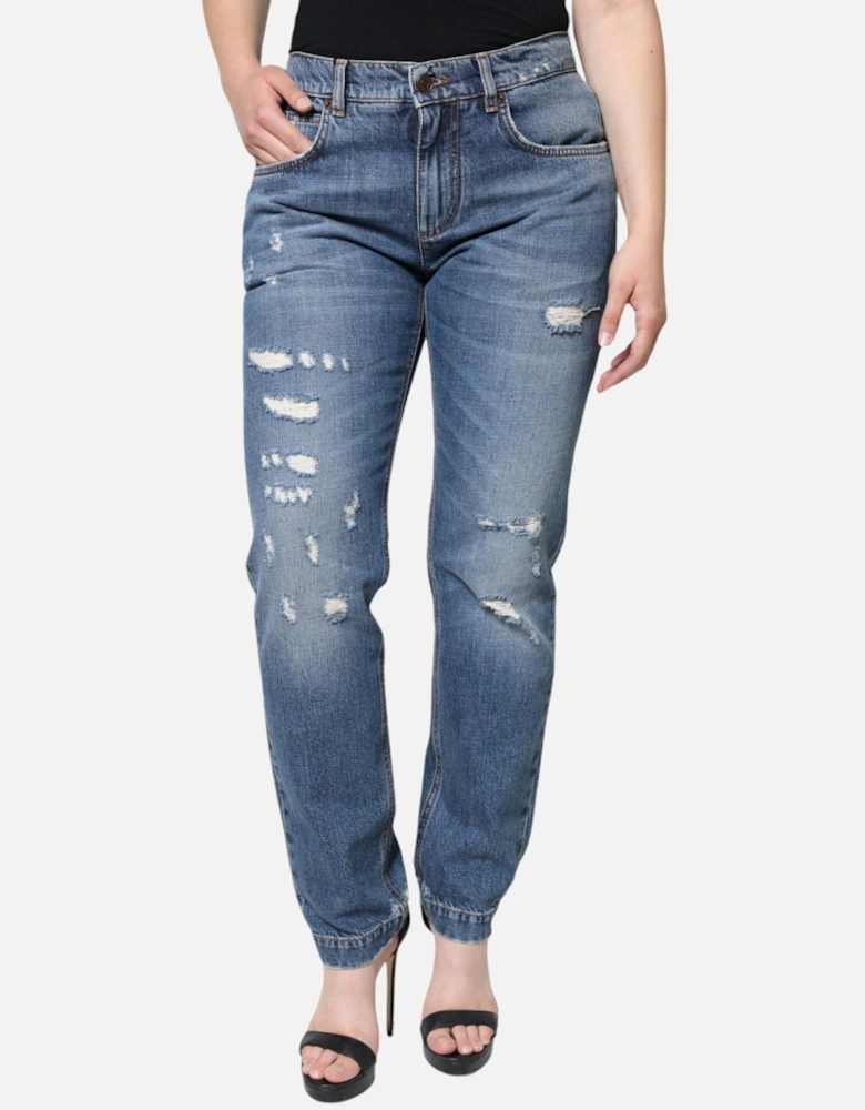 Skinny Tattered Mid Waist Denim Jeans Women - Blue Jeans
