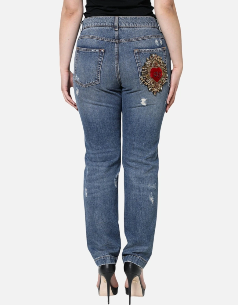 Skinny Tattered Mid Waist Denim Jeans Women - Blue Jeans