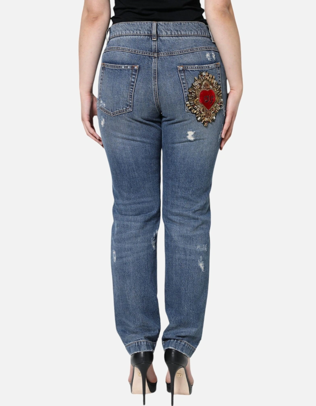 Skinny Tattered Mid Waist Denim Jeans Women - Blue Jeans