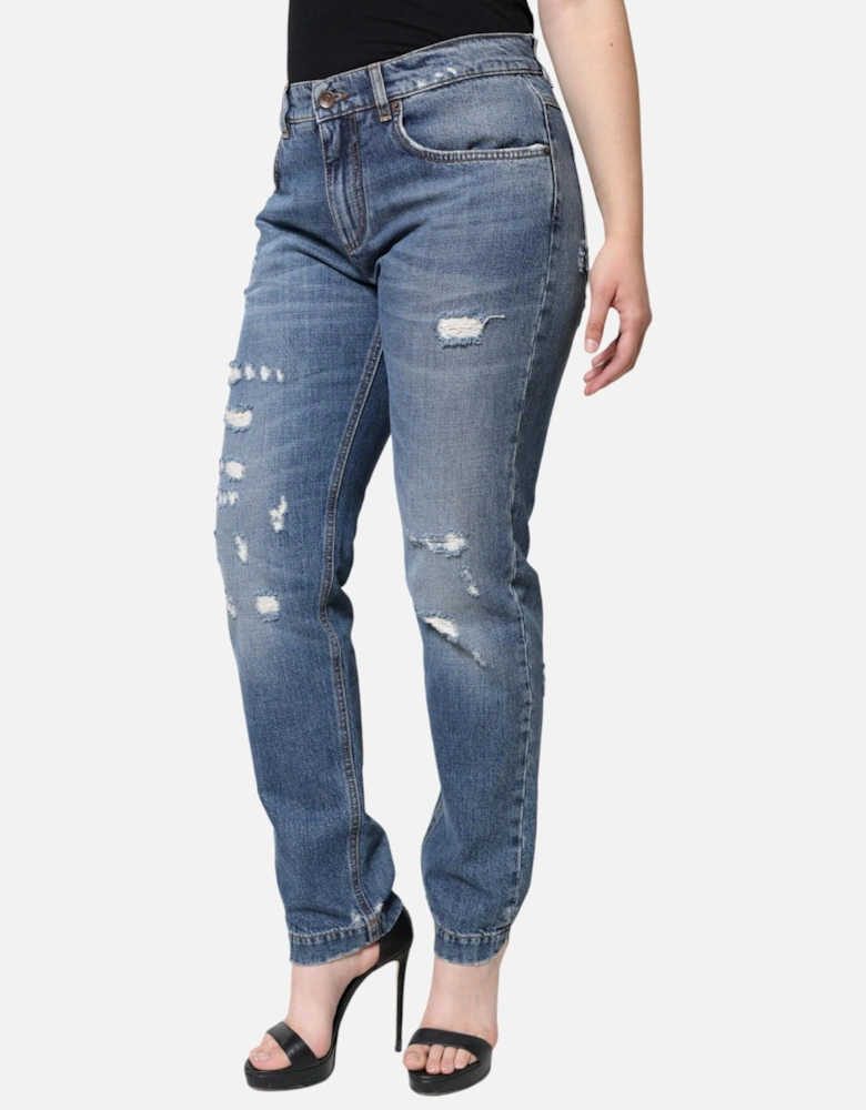 Skinny Tattered Mid Waist Denim Jeans Women - Blue Jeans