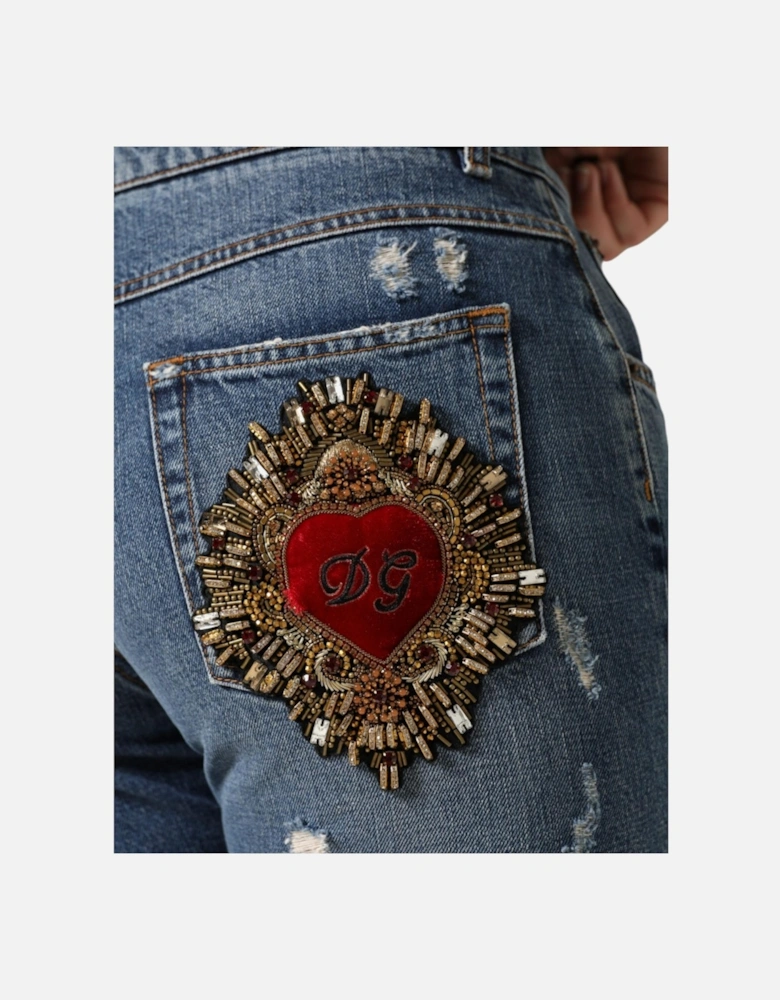 Skinny Tattered Mid Waist Denim Jeans Women - Blue Jeans