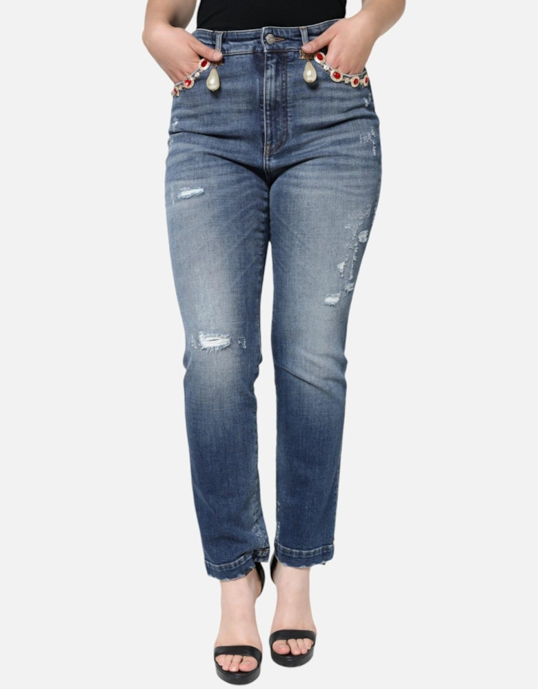 High Waist Skinny Tattered Jeans with Stretch Women - Blue Jeans