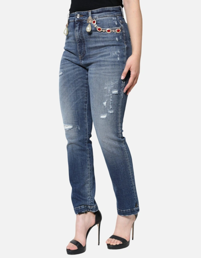 High Waist Skinny Tattered Jeans with Stretch Women - Blue Jeans