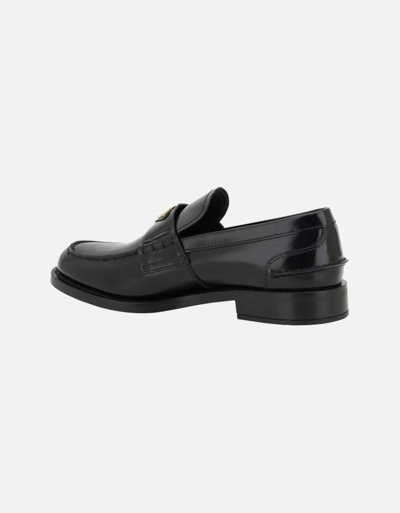 Leather Loafers with Enameled Triangular Plaque Women - Black Flats
