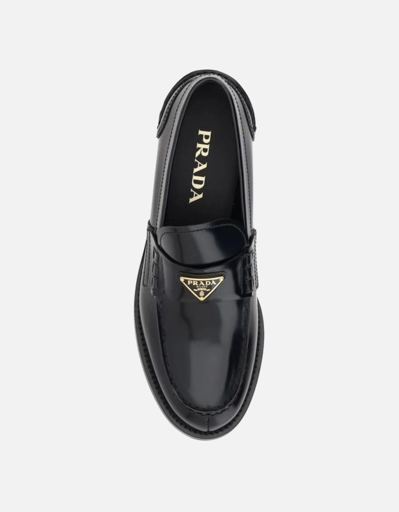 Leather Loafers with Enameled Triangular Plaque Women - Black Flats