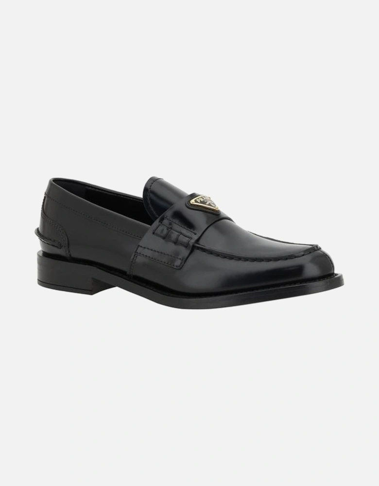 Leather Loafers with Enameled Triangular Plaque Women - Black Flats