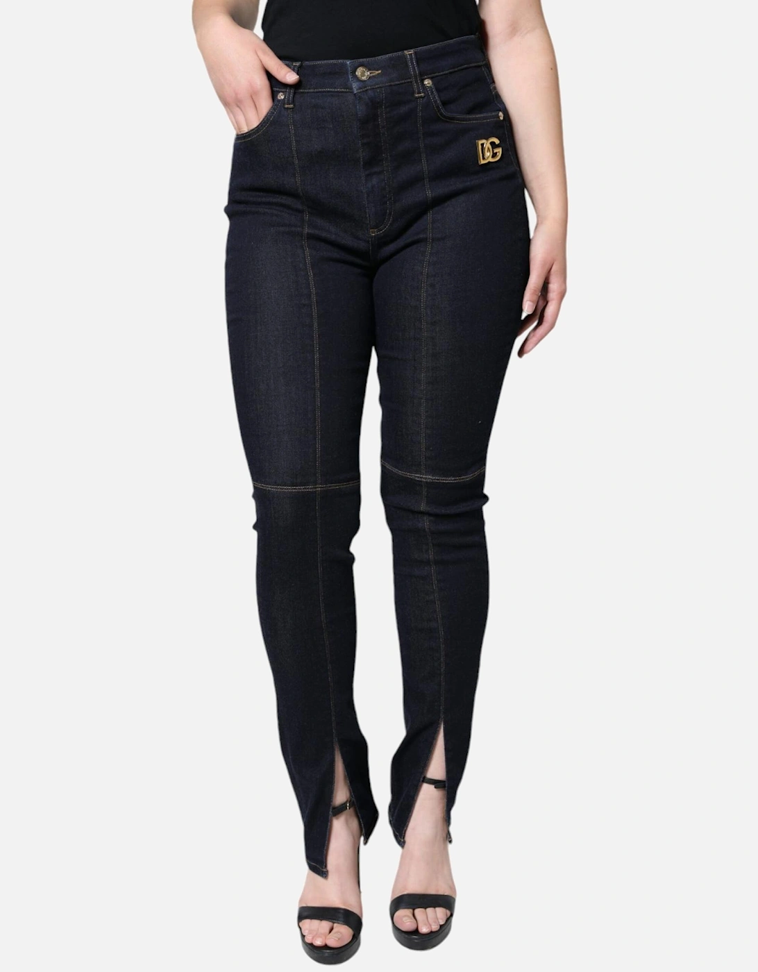 Mid Waist Skinny Jeans with Logo Details Women - Black Jeans, 6 of 5