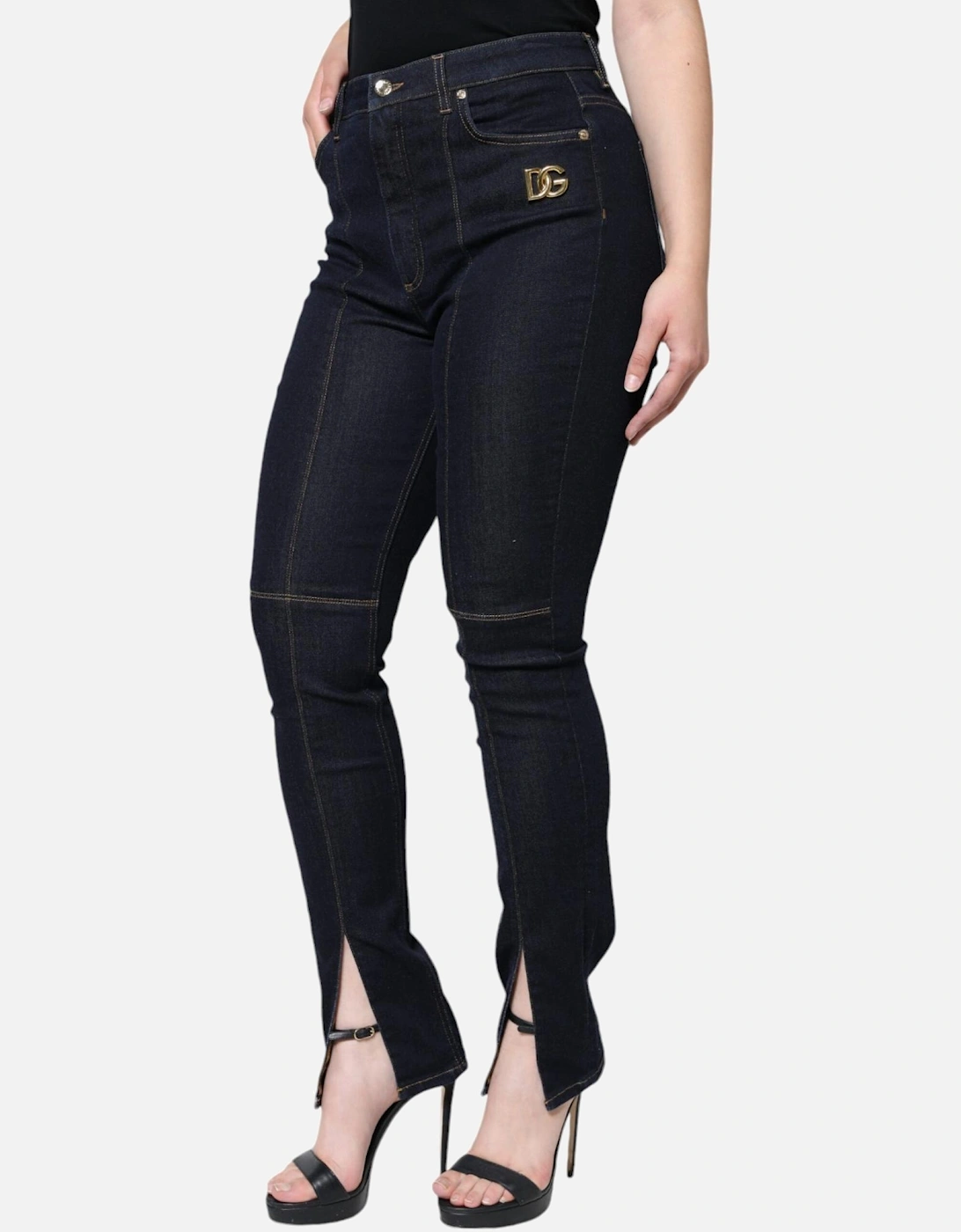 Mid Waist Skinny Jeans with Logo Details Women - Black Jeans