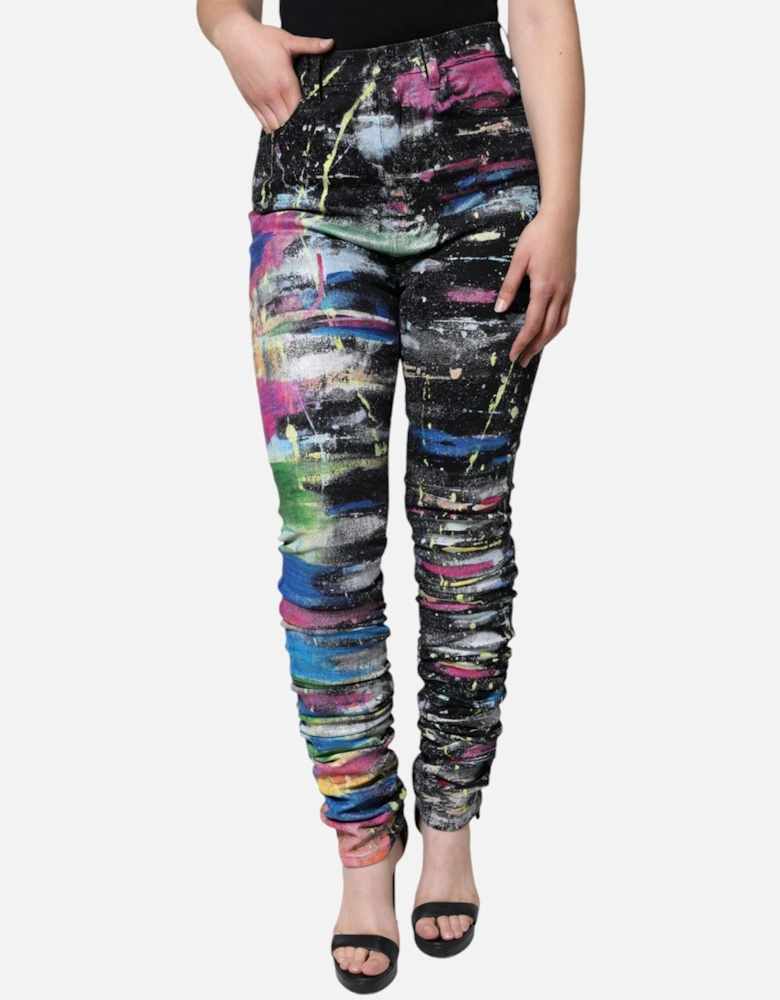High-Rise Skinny Jeans with Splatter Paint Motif Women - Multicolor