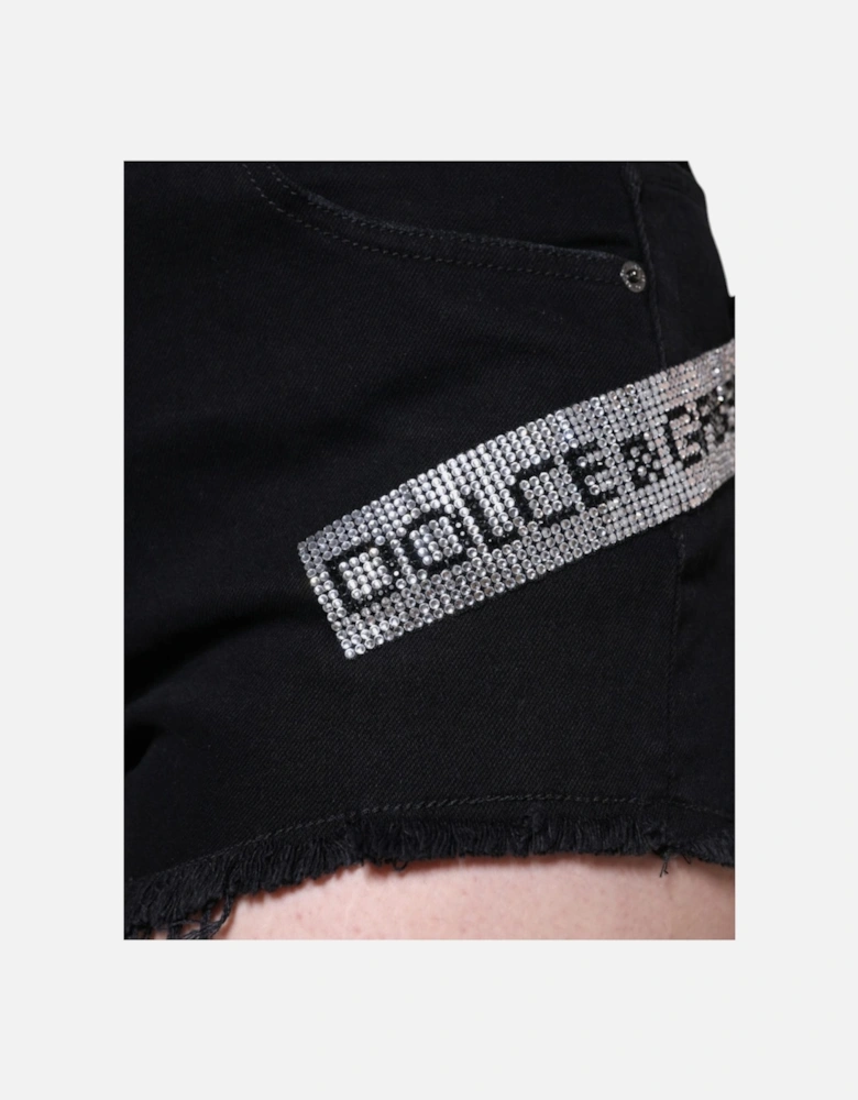 High Waist Denim Hot Pants with Crystal Detailing Women - Black Shorts