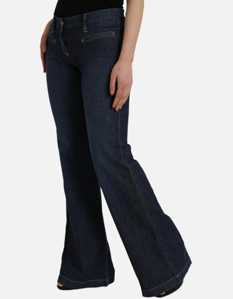 Mid Waist Bootcut Denim Jeans with Zipper Closure and Logo Details