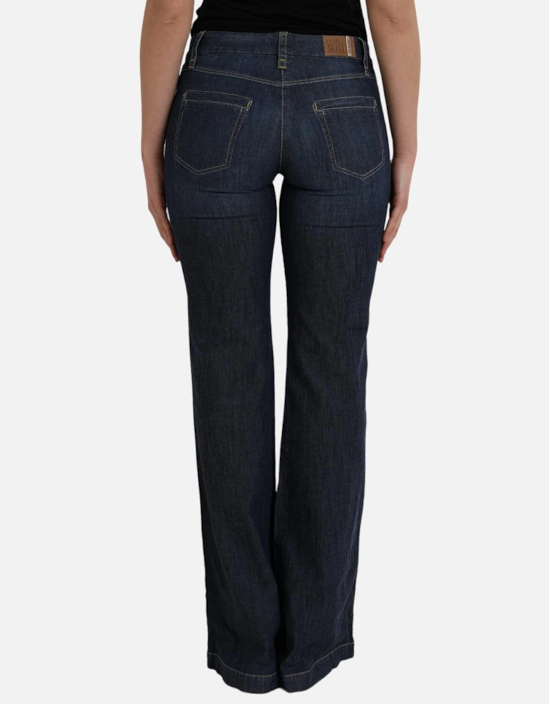 Mid Waist Bootcut Denim Jeans with Zipper Closure and Logo Details