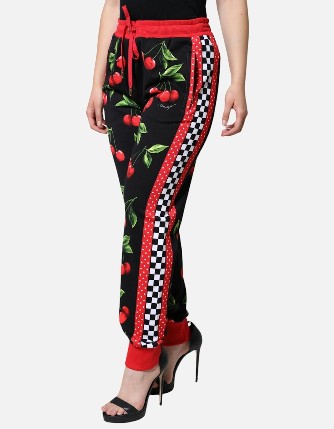 Cherry Print Mid-Waisted Jogger Pants Women - Black And Red Jeans