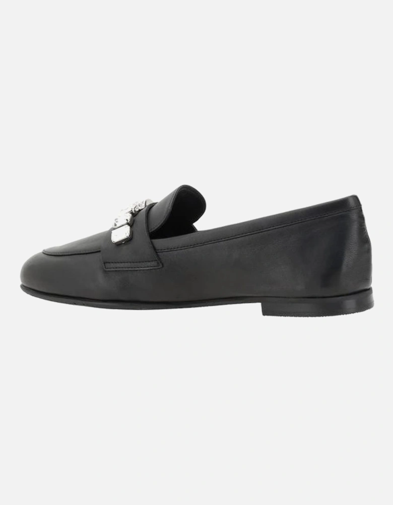 Leather Loafers with Bead Applique and Block Heel Women - Black Flats