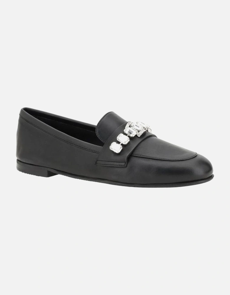 Leather Loafers with Bead Applique and Block Heel Women - Black Flats