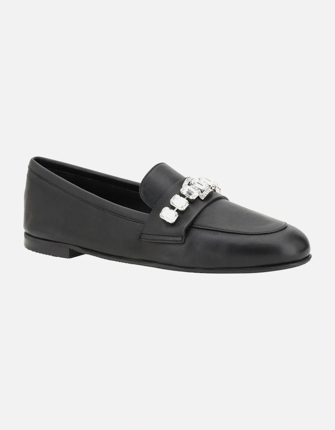 Leather Loafers with Bead Applique and Block Heel Women - Black Flats