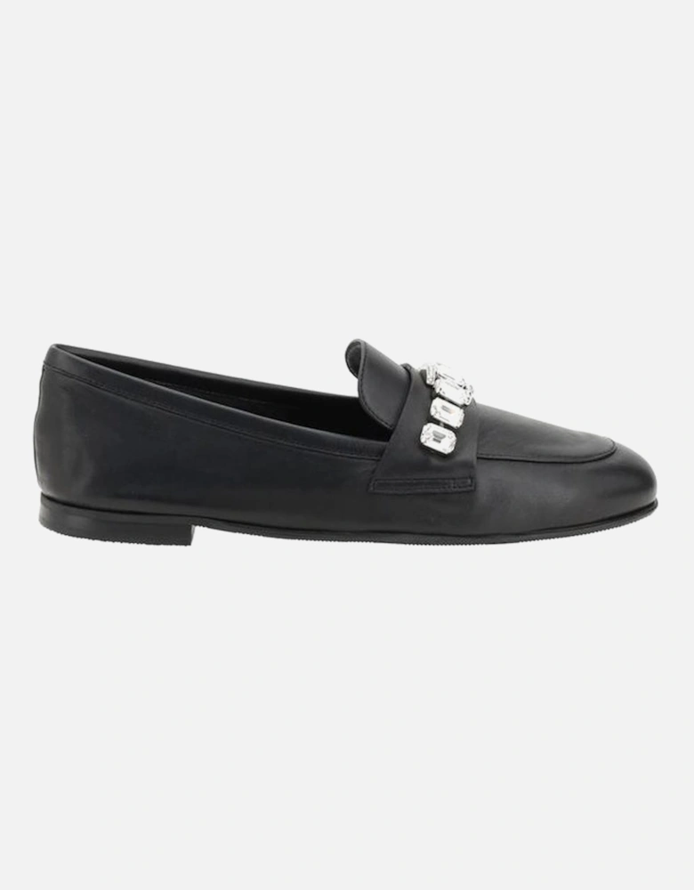 Leather Loafers with Bead Applique and Block Heel Women - Black Flats