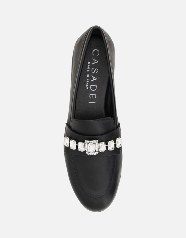 Leather Loafers with Bead Applique and Block Heel Women - Black Flats