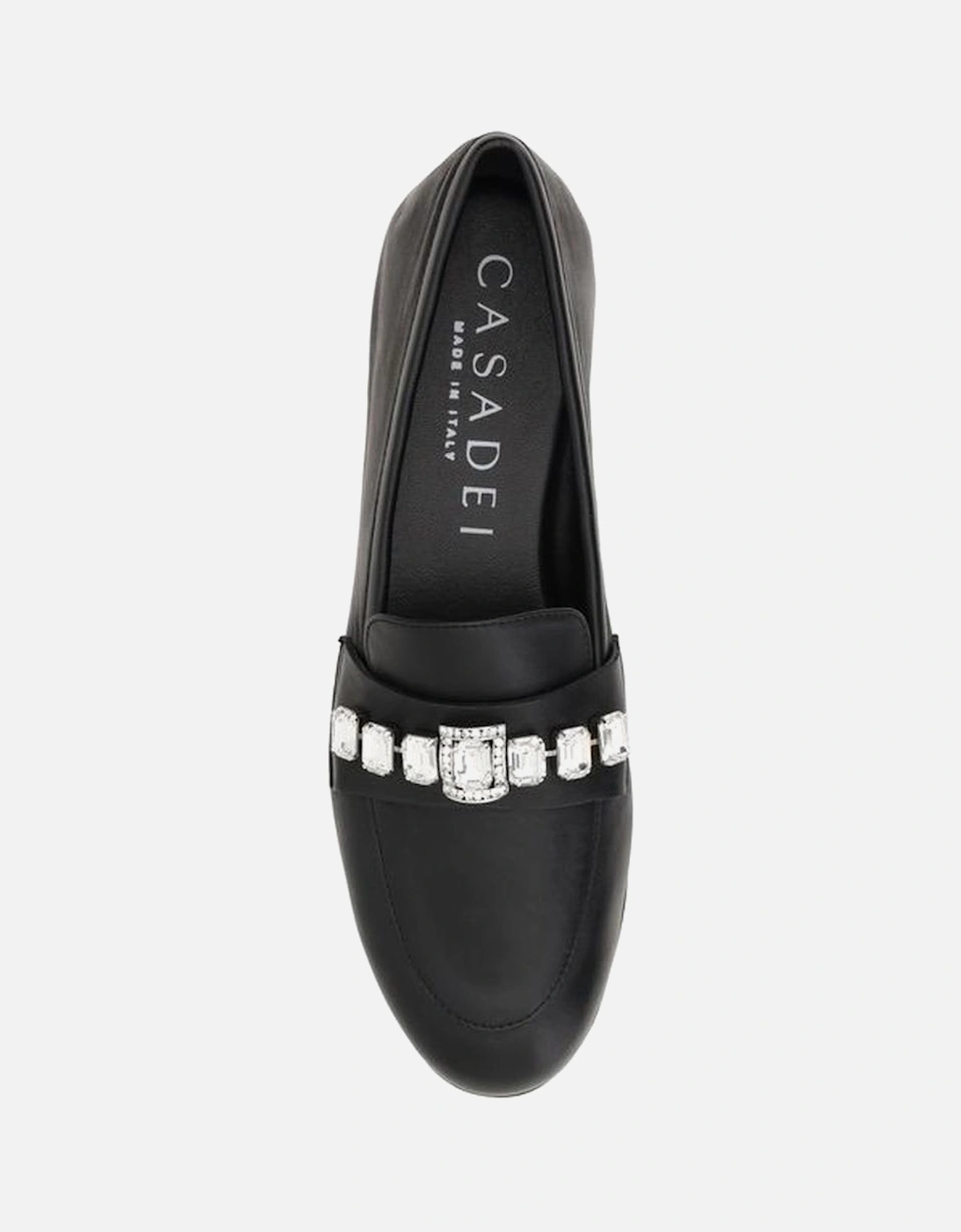Leather Loafers with Bead Applique and Block Heel Women - Black Flats
