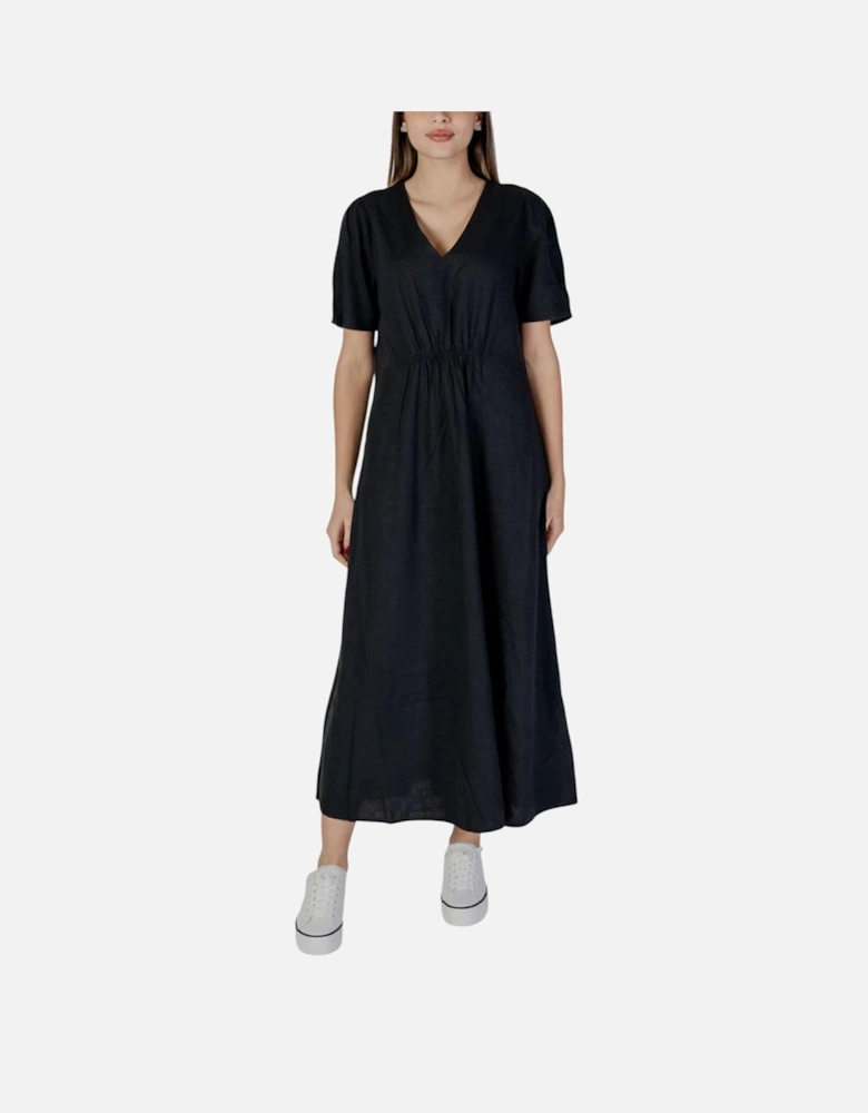 Linen-Blend Viscose Midi Dress Women - Black Dresses