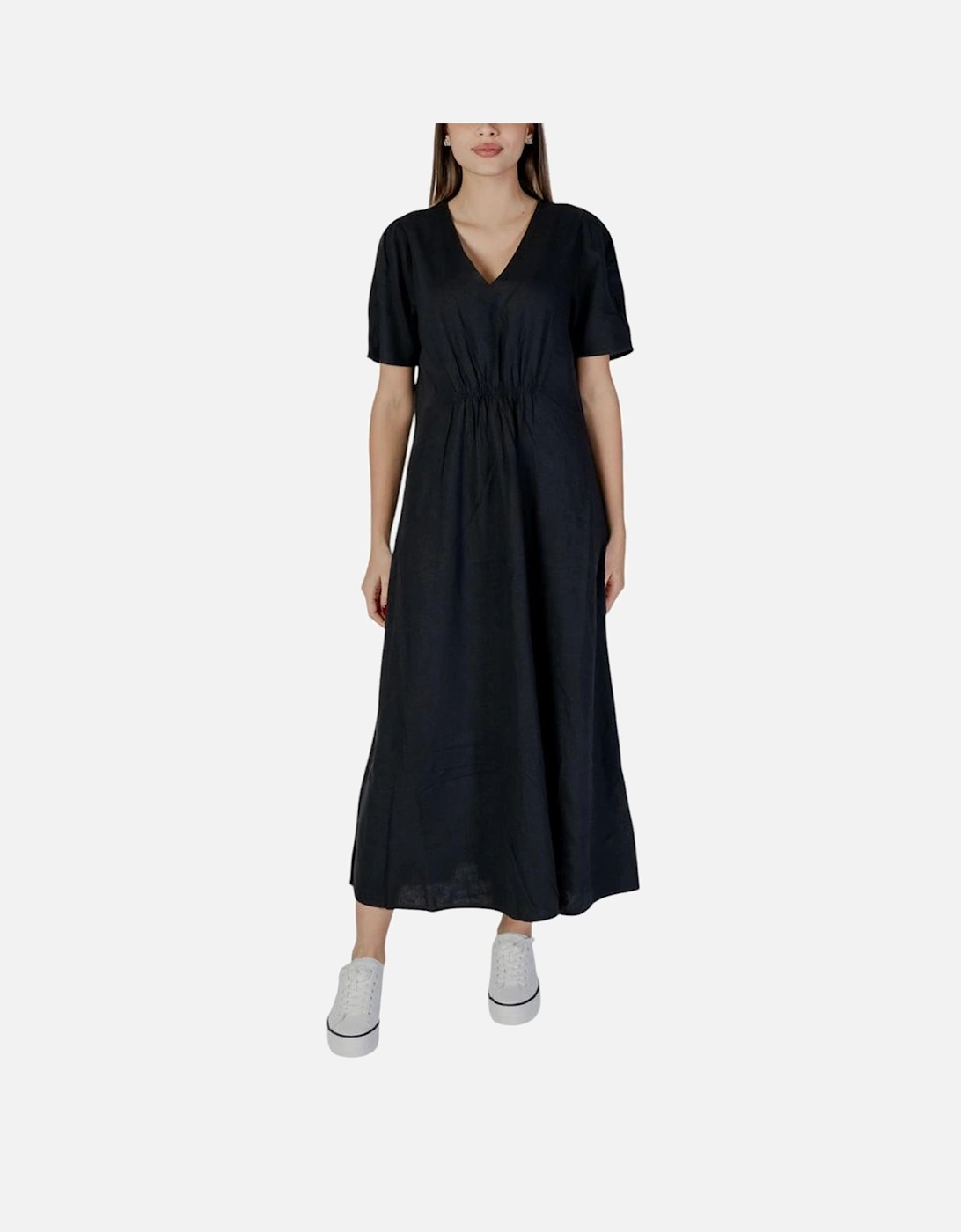 Linen-Blend Viscose Midi Dress Women - Black Dresses, 5 of 4